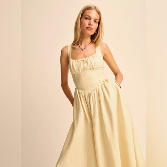 NEW Reformation Balia Linen Midi Dress in Parmesan Light Yellow | US 2 UK 6 - Picture 3 of 17